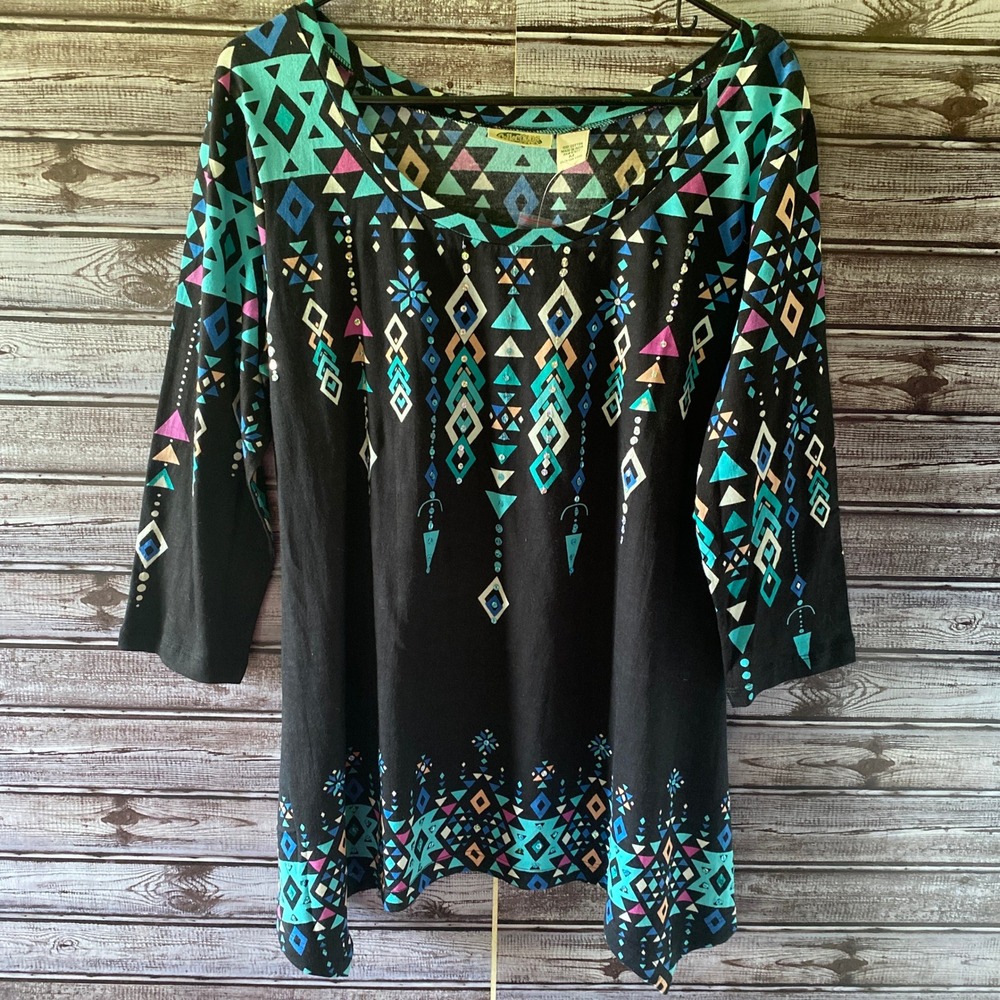 Collections Etc. Long-Sleeved Top Size‎ M Black Geometric Sequins NWT